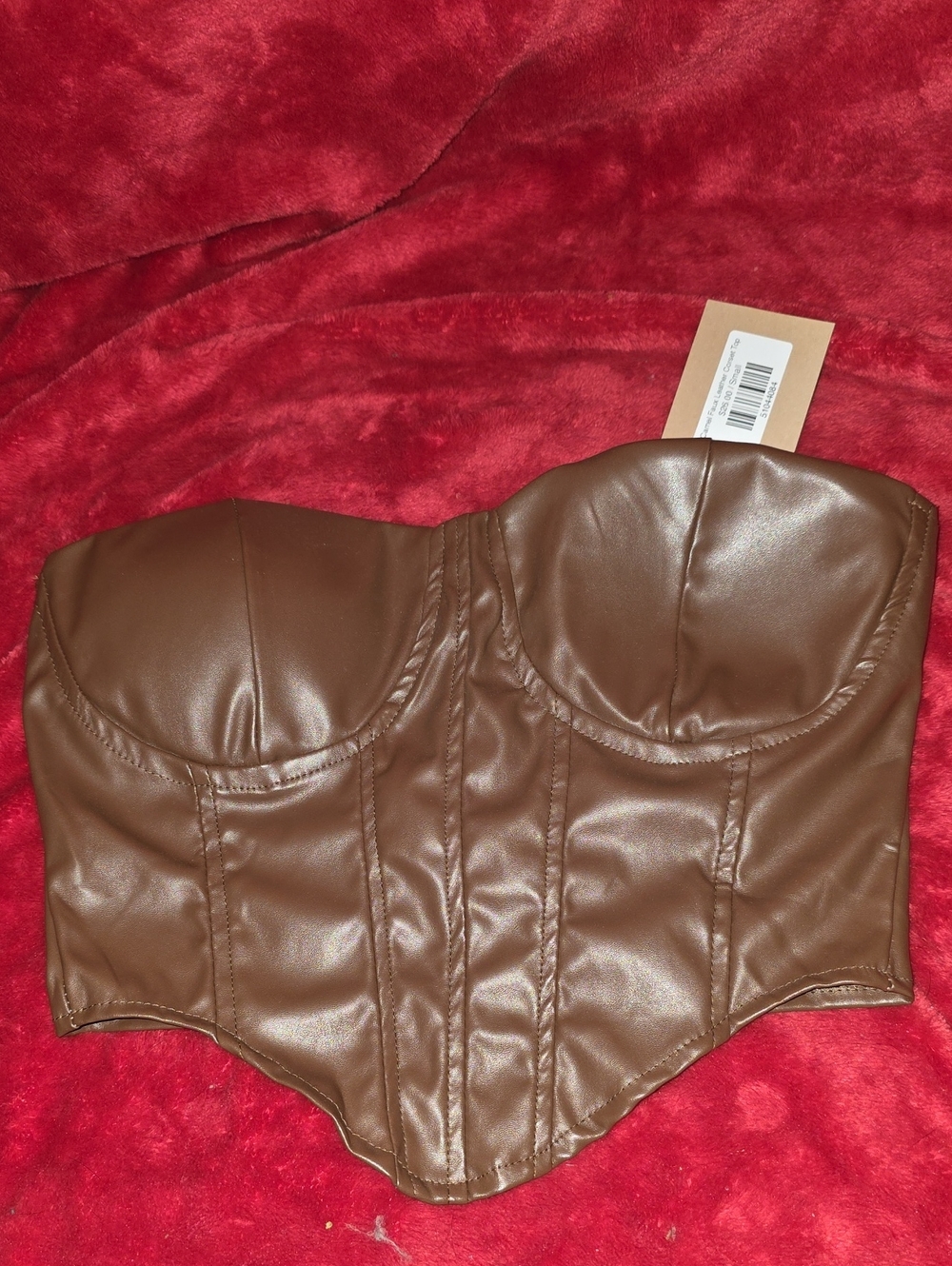 Faux Leather Brown Strapless Corset Crop Top